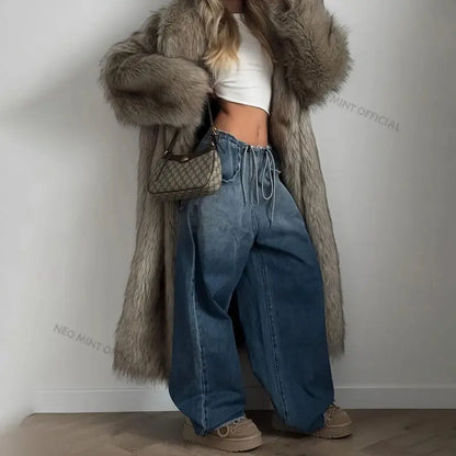 Neo Mint Luxury Mob Wife Aesthetic Long Faux Fur Coat Women Winter