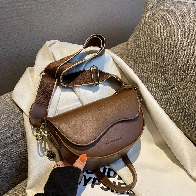 Women Vintage Solid Color Flap Small Saddle Shoulder Underarm Bag Fashion PU Leather Wide Strap Crossbody Bag Yogodlns Official Store