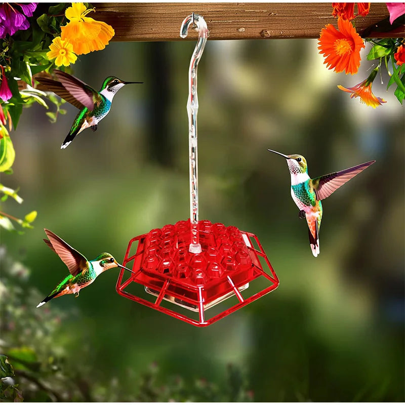 Comedero hexagonal para pájaros silvestres con gancho, comedero para colibríes, comedero para pájaros de jardín, dispensador de agua para mascotas de bosque