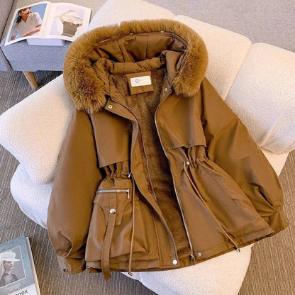 Fleece Lined Hood Down Jacket Winter Coat for Women Warm Drawstring Padded Parkas Korean Casual Streetwear Female Puffer Outwear Stone's Store