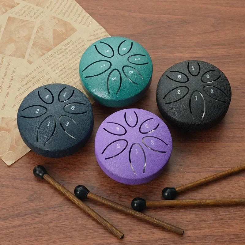 3 Inches 6 Tones Steel Tongue Drum Outdoors Rain Drums Instrument Mini Hand Drum Ethereal Drums Sticks Percussion Accessories