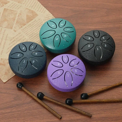 3 Inches 6 Tones Steel Tongue Drum Outdoors Rain Drums Instrument Mini Hand Drum Ethereal Drums Sticks Percussion Accessories