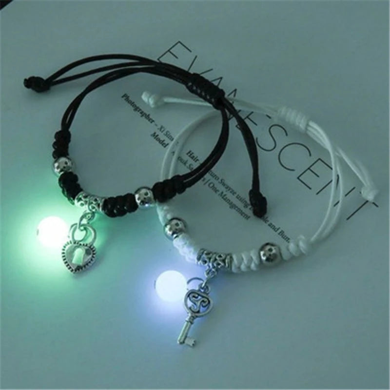 Luminous Beads Star Couple Bracelets For Women Men Charm Cat Flower Heart Key Lock Cross Matching Bracelets dropshipping-A Store