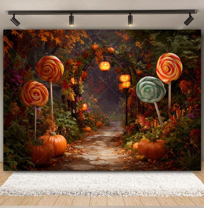Halloween Lollipop Photography Backdrop Fantasy Forest Arch Pumpkin Lantern Festival Party Baby Portrait Photo Background Decor