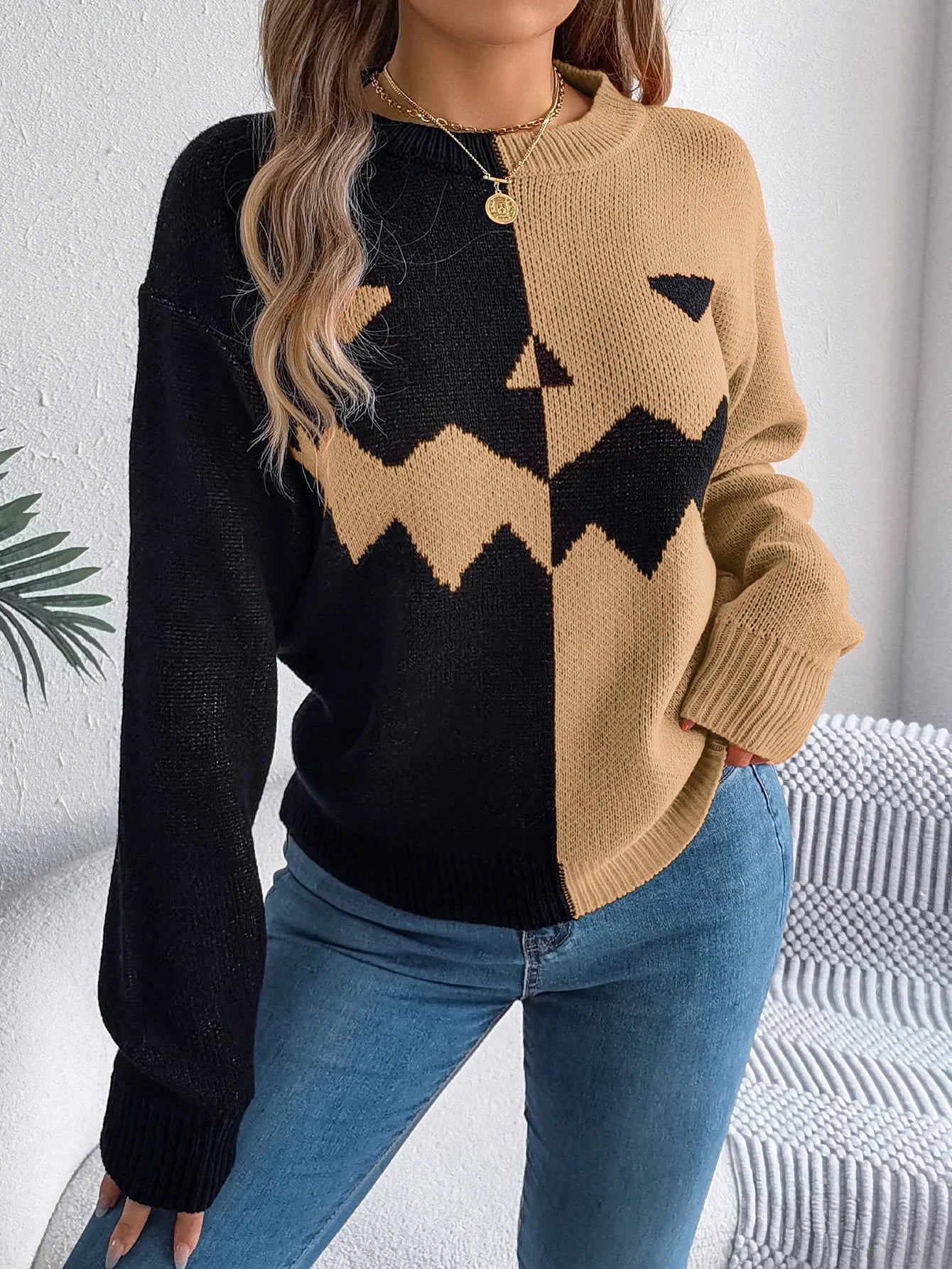 Halloween Asymmetric Color Block Sweater Jack O Lantern Face Pullover Crewneck Knit Top