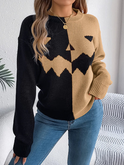 Halloween Asymmetric Color Block Sweater Jack O Lantern Face Pullover Crewneck Knit Top