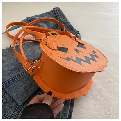 Trendy Cartoon Pumpkin Crossbody Bag Large Capacity Casual Halloween Fashionable Single Shoulder Bag with Zipper Polyester Fiber