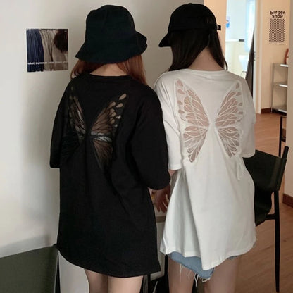 2025 Summer Perspective Lace Butterfly Hollow Out Tshirts Street Fashion Backless T Shirt Women Loose Sexy Club Tee Shirts Top