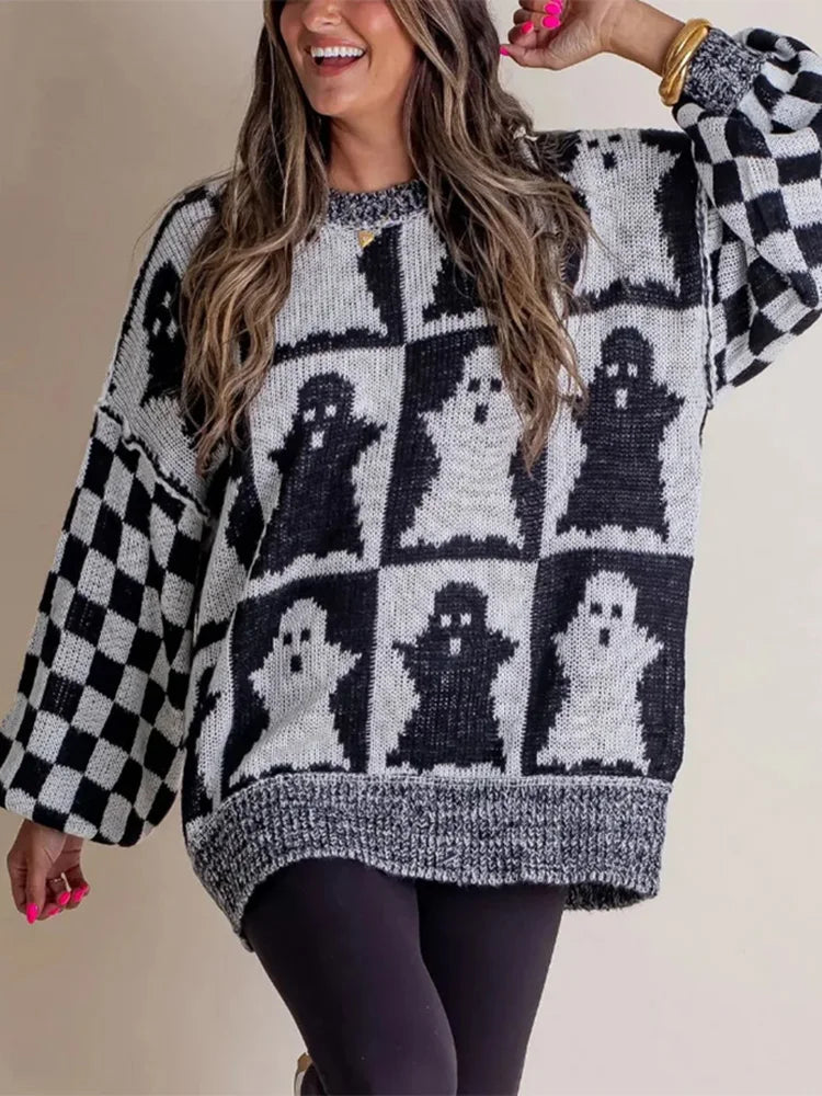 Halloween Knitted Sweaters Women 2025 Autumn Gothic Pumpkin Print Streetwear Harajuku Winter Warm Loose Fashion Casual Pullovers