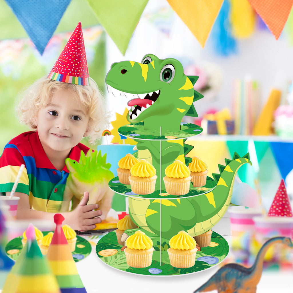Soporte para tartas de cumpleaños de dinosaurios de dibujos animados para niños y adornos para tartas, soporte para cupcakes para baby shower, suministros para tartas