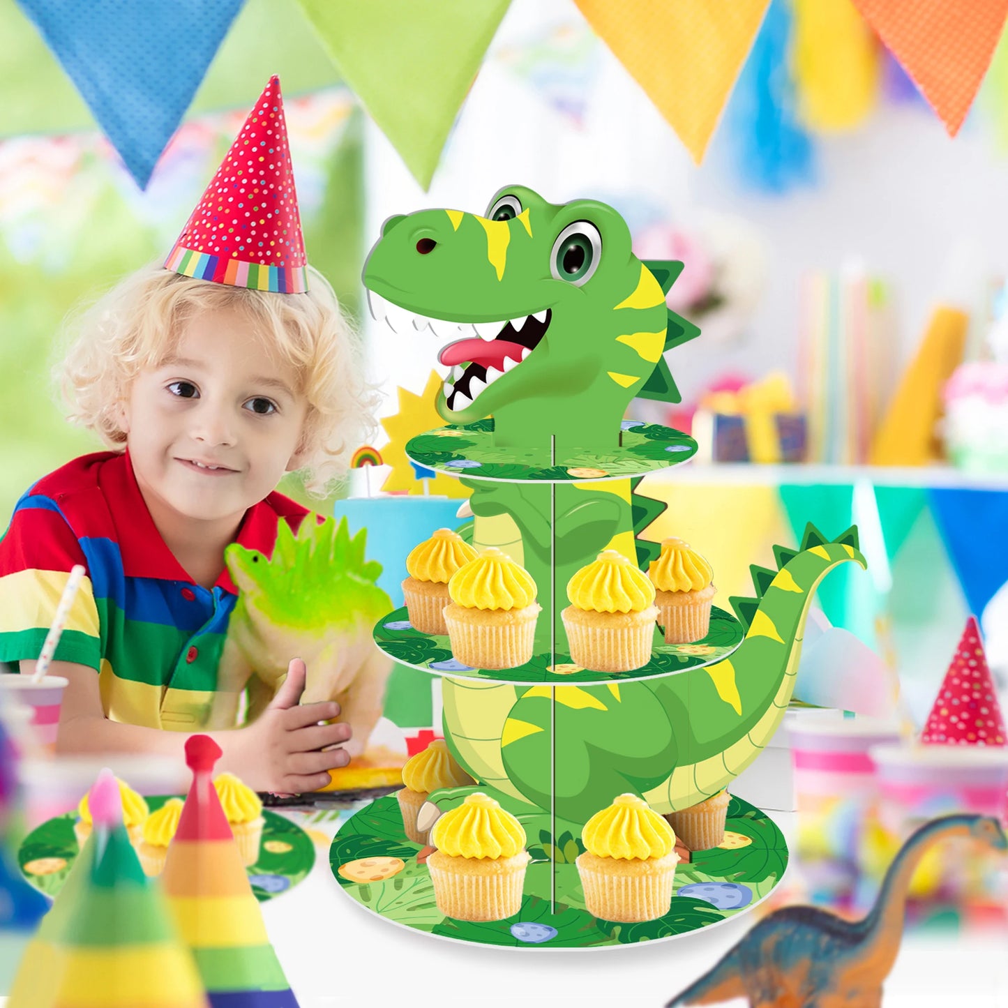 Kids Cartoon Dinosaur Birthday Party Cake Display Stand and Cake Toppers Baby Shower Party Cupcake Rack Holder Cake Supplies