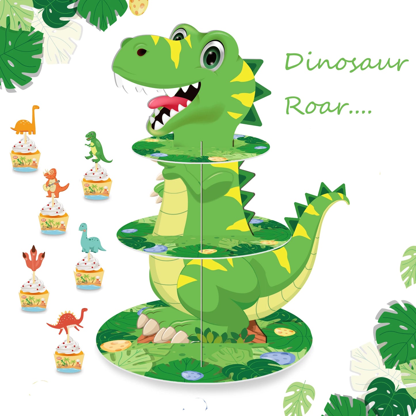 Kids Cartoon Dinosaur Birthday Party Cake Display Stand and Cake Toppers Baby Shower Party Cupcake Rack Holder Cake Supplies