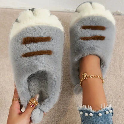 1 Pair Winter Plush Slippers Thick Non-Slip Insoles Cartoon Cat Design