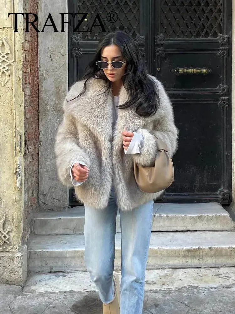 View details for TRAF 2024 Women Fashion Cropped Faux Fur Jacket Coat Long Sleeve Front 