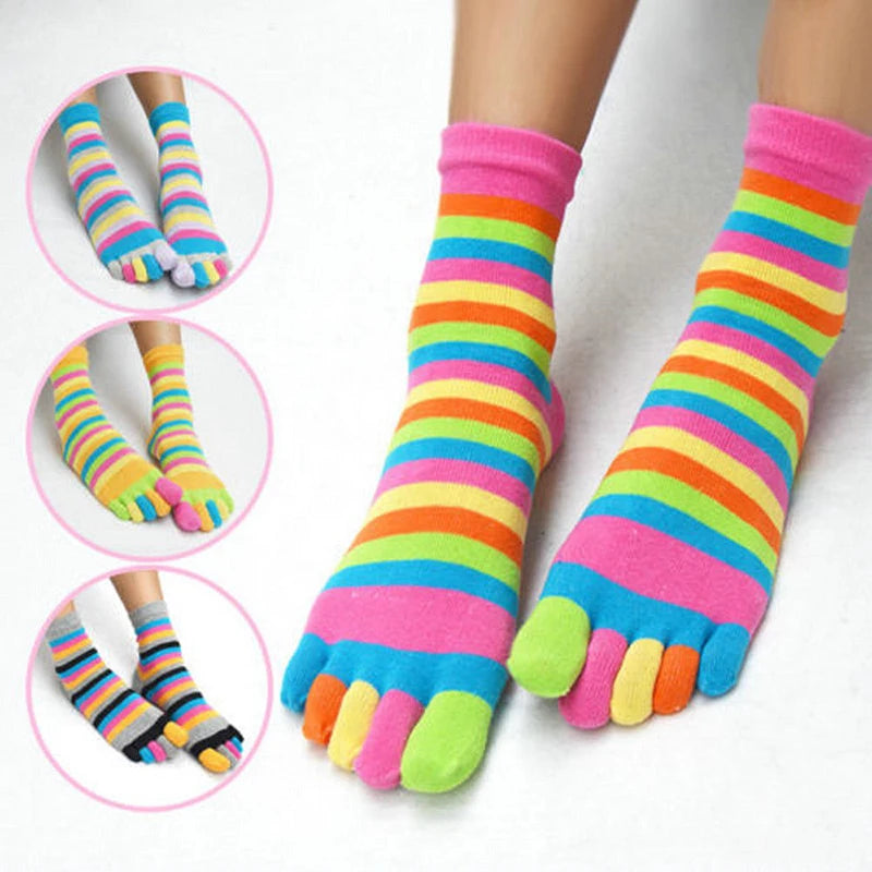 New Women Toe Socks Funny Five Fingers Socks Colorful Striped Printed  Rainbow Cotton Breathable Women's Short Socks Upgogo Store