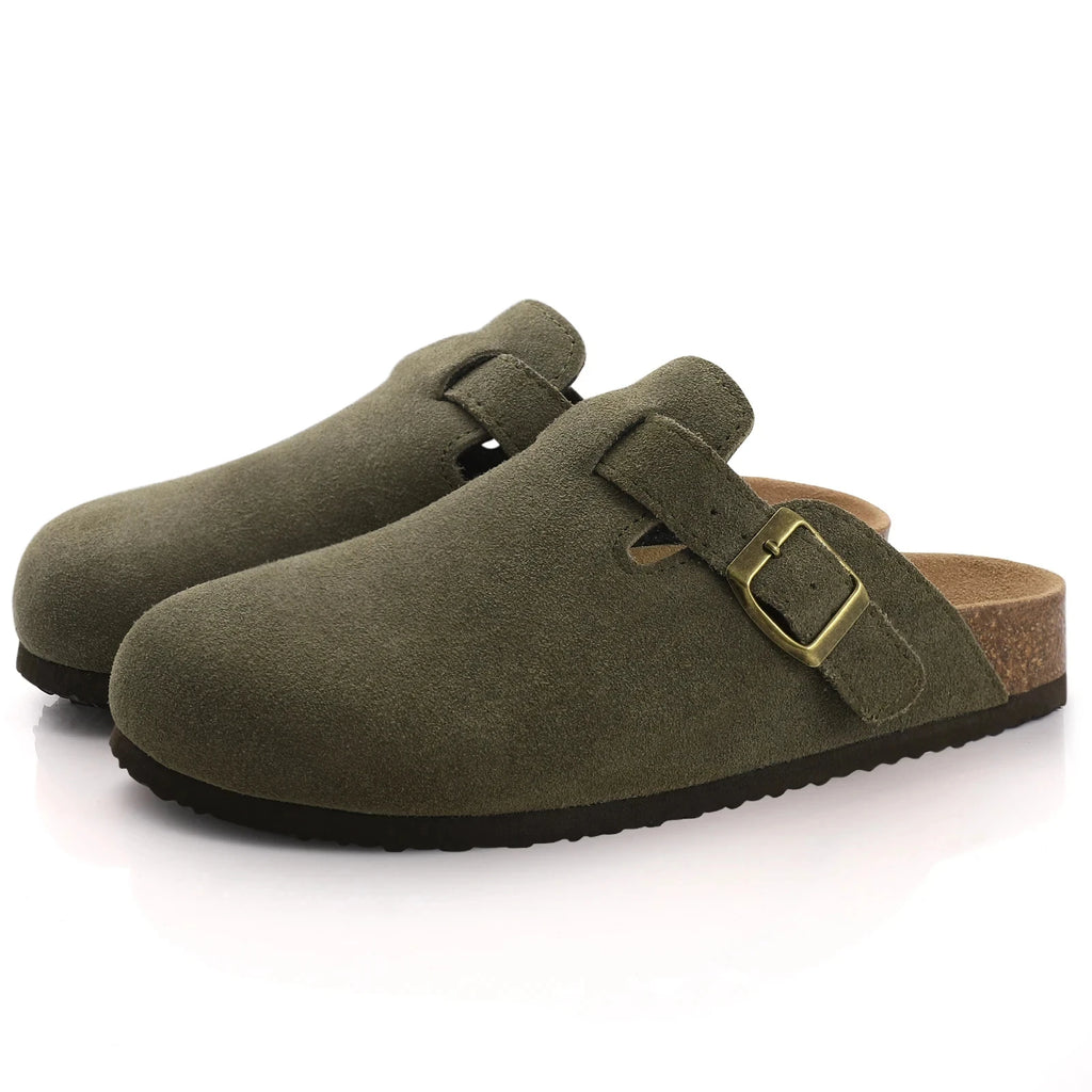Pantuflas Zuecos de Gamuza y Piel para Mujer Shevalues, Plantilla Clásica de Corcho, Mules Peludas, Pantuflas de Invierno de Felpa, Pantuflas Planas de Corcho Cálidas para Exteriores