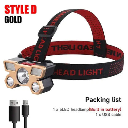 5 LED Headlamp Rechargeable with Built in 18650 Battery Strong Light