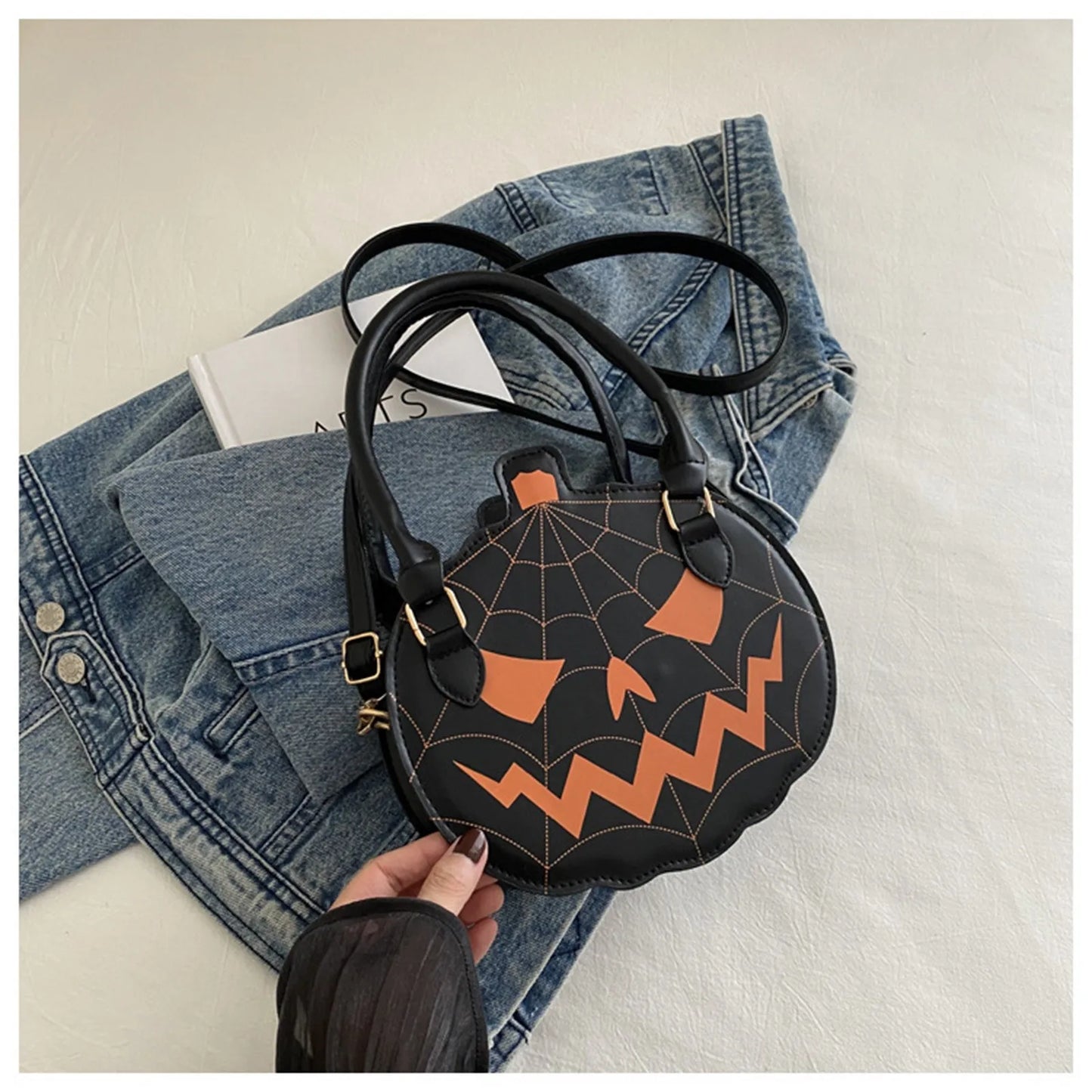 Trendy Cartoon Pumpkin Crossbody Bag Large Capacity Casual Halloween Fashionable Single Shoulder Bag with Zipper Polyester Fiber