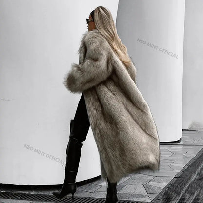 Neo Mint Luxury Mob Wife Aesthetic Long Faux Fur Coat Women Winter