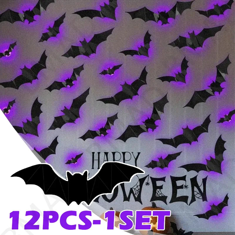 2025 12PCS-1Set Halloween 3D LED Bat Light Glow in Dark Night Light Sticker for Garden Backyard Party Decor