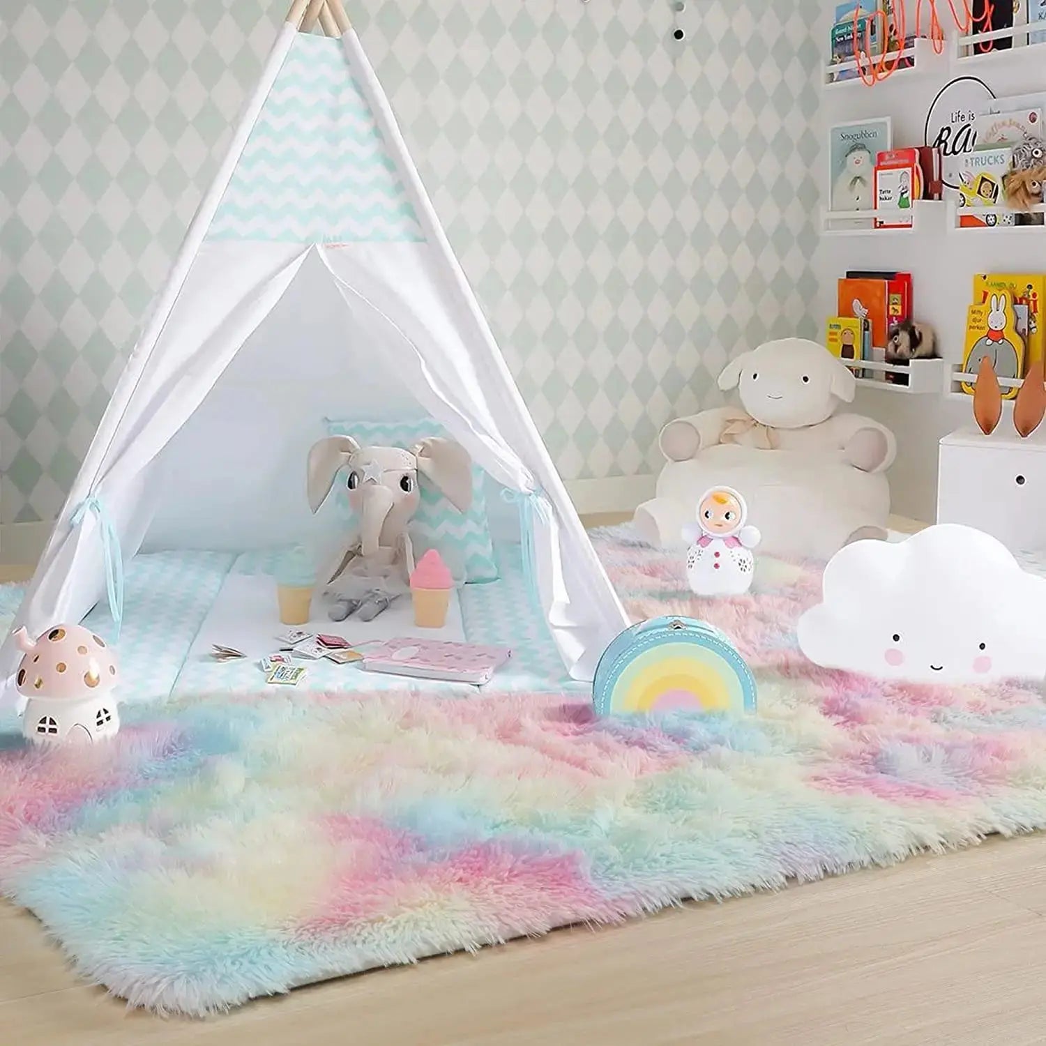 RainbowCloud Plush Rug – Soft, Fluffy & Vibrant! Happier so luckly Store