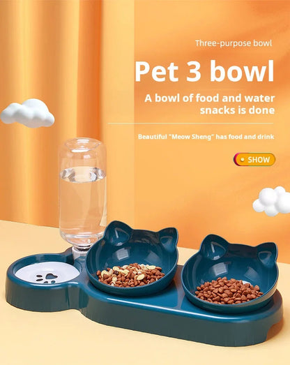 Pet Bowls With Water Feeder, 3 In 1 Ear Design Tilted Cat Water And Food Bowl Set With Gravity Water Bottle For Neck Protection Archie Pets Store