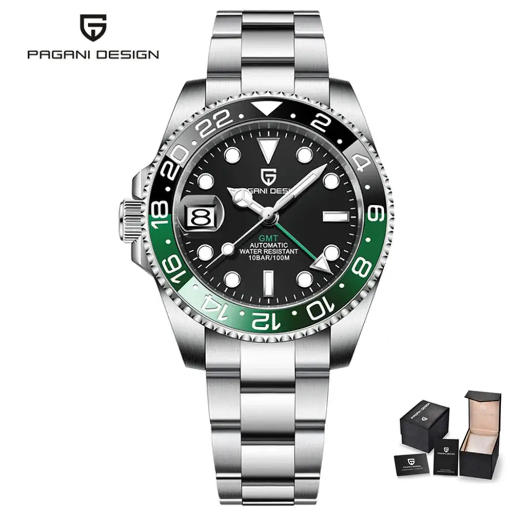 ELEGANCE® P1662 Men Watch Automatic Mechanical GMT Wristwatch Sapphire Glass Stainless Steel 100M Waterproof PAGANI DESIGN Men Watch Store