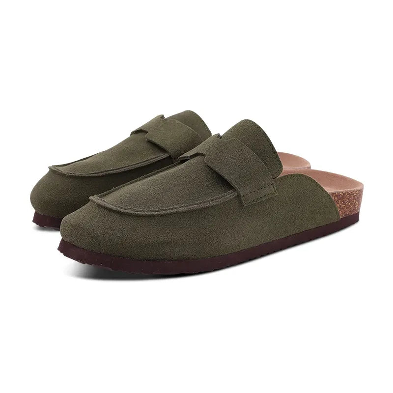 Pantuflas Zuecos de Gamuza y Piel para Mujer Shevalues, Plantilla Clásica de Corcho, Mules Peludas, Pantuflas de Invierno de Felpa, Pantuflas Planas de Corcho Cálidas para Exteriores
