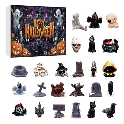 24Pcs Ghost Pumpkin Figurines Halloween Advent Calendar Box Resin Spooky Black Car Bat Ornaments Countdown Calendar Surprise Box