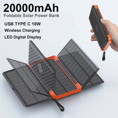 20000mAh Folding Solar Power Bank with 3 Solar Panel Qi Wireless