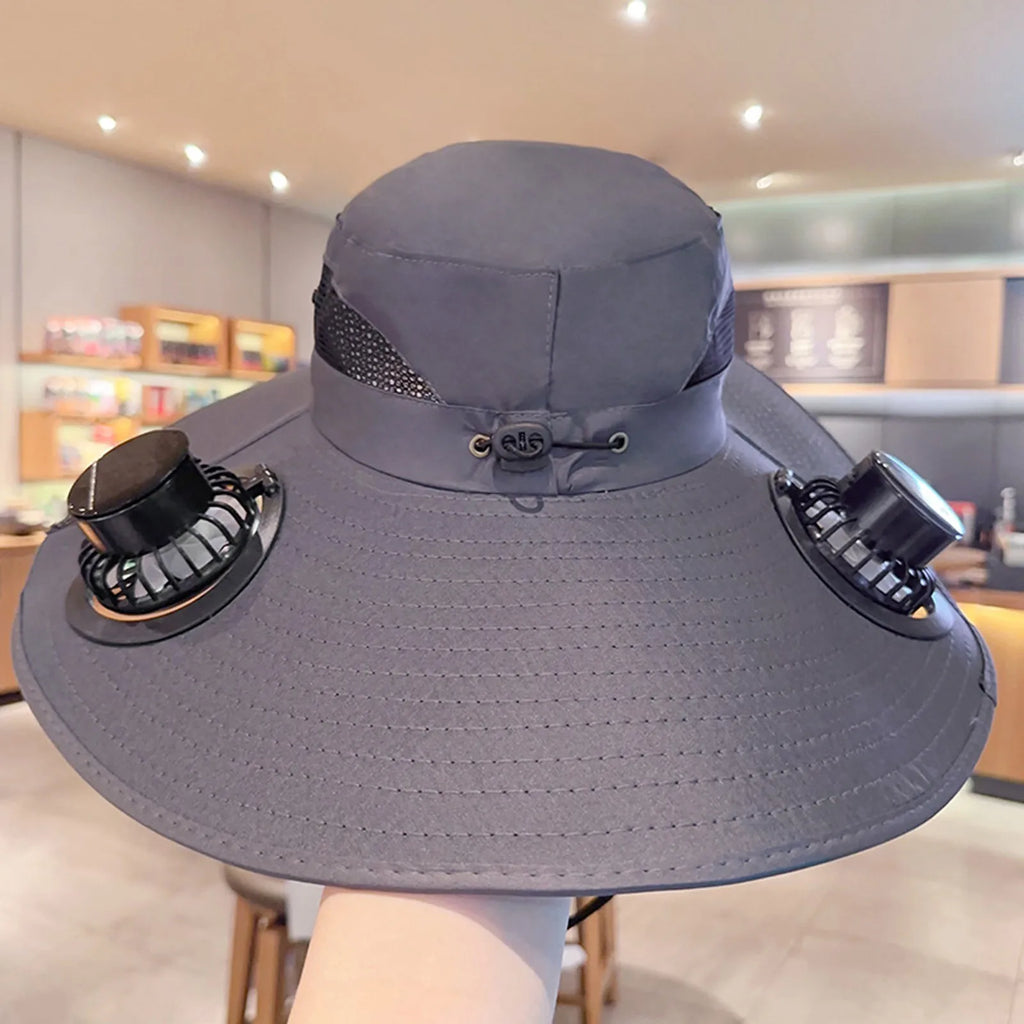 Multi-Function Solar Fan Sun Hat - Waterproof Fishing Hat with Built-In USB Charging & Wide Brim for UV/Heat Protection
