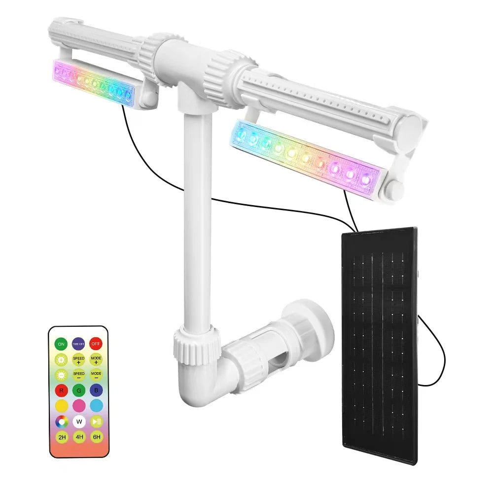 Solar Pool Fountain with 12-Color 4-Mode RGBIC LED Lights Above/Inground Solar Lights with Remote 360°Adjustable Dual Spray