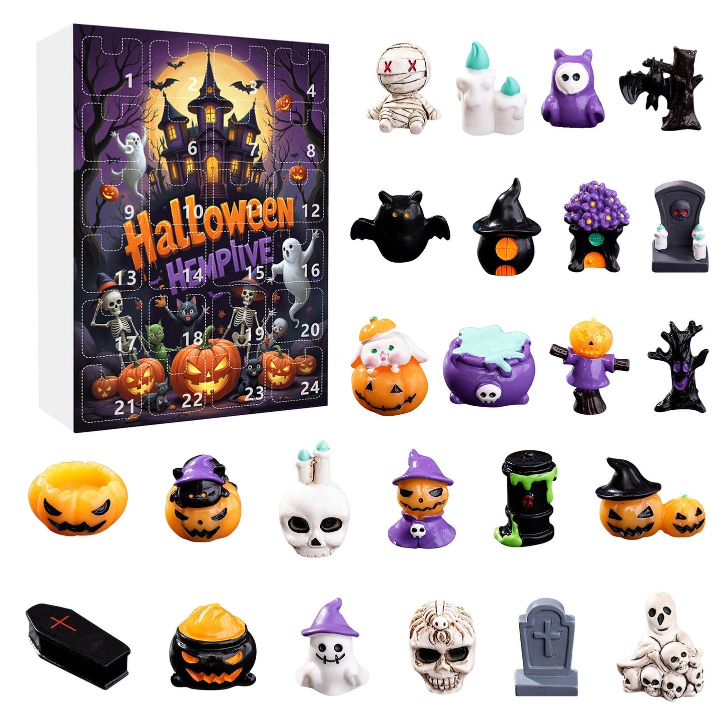 24Pcs Ghost Pumpkin Figurines Halloween Advent Calendar Box Resin Spooky Black Car Bat Ornaments Countdown Calendar Surprise Box