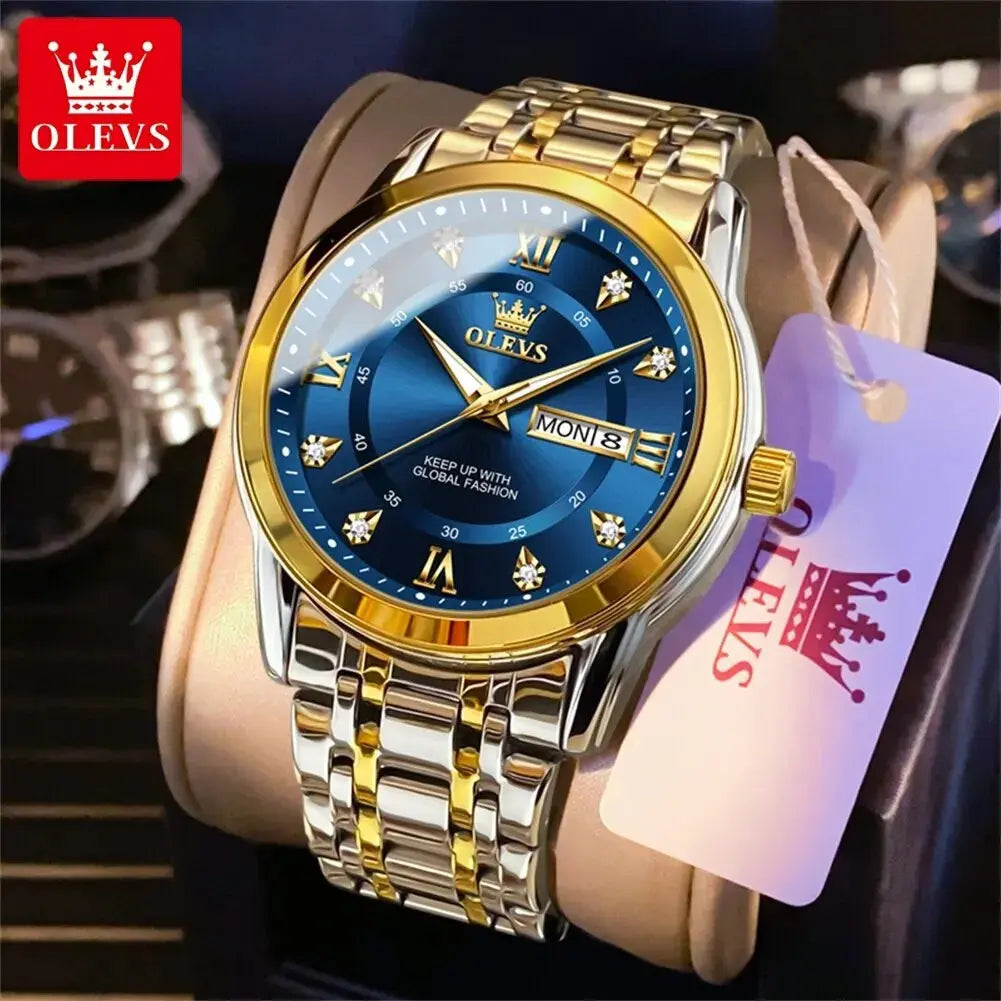 OLEVS Reloj de cuarzo para hombre con diamantes de lujo y oro, resistente al agua