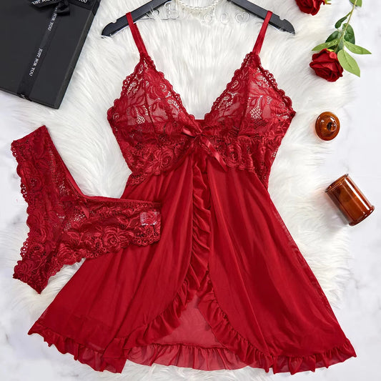 Transparent Red Sexy Lingerie Women's Underwear See Through Sleepwear Lace Nightdress And Panty Pijamas Sets Female Sexy Nighty Stone's Store