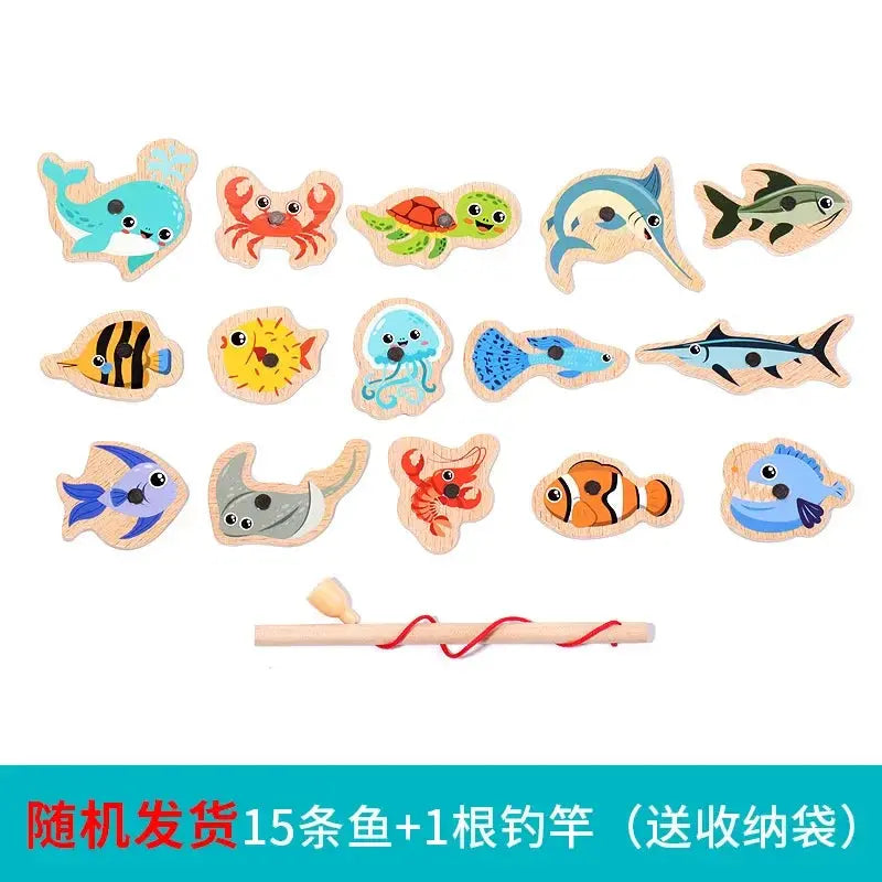 Montessori Wooden Fishing Toys For Children Cartoon Marine Life Cognition Fish Games Parent-Child Interactive Educational Toy Sweet Kids Store