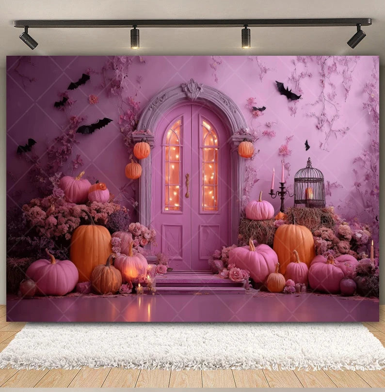 Halloween Retro Arch Family Portrait Photography Backdrop Pink Wall Pumpkin Bat Girls Kids Birthday Party Photo Background Decor