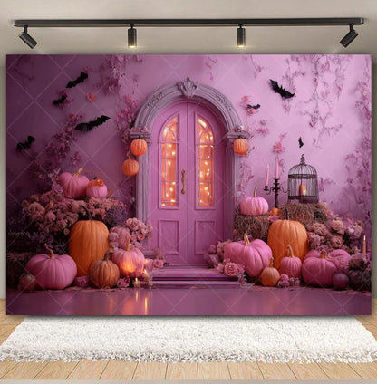 Halloween Retro Arch Family Portrait Photography Backdrop Pink Wall Pumpkin Bat Girls Kids Birthday Party Photo Background Decor