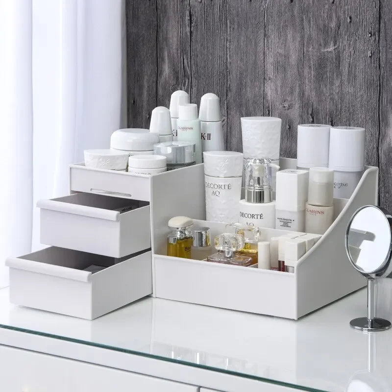 1pc White New Drawer Makeup Storage Box Dormitory Finishing Plastic Shelf Cosmetics Skin Care Dressing Table Desktop Stone's Store