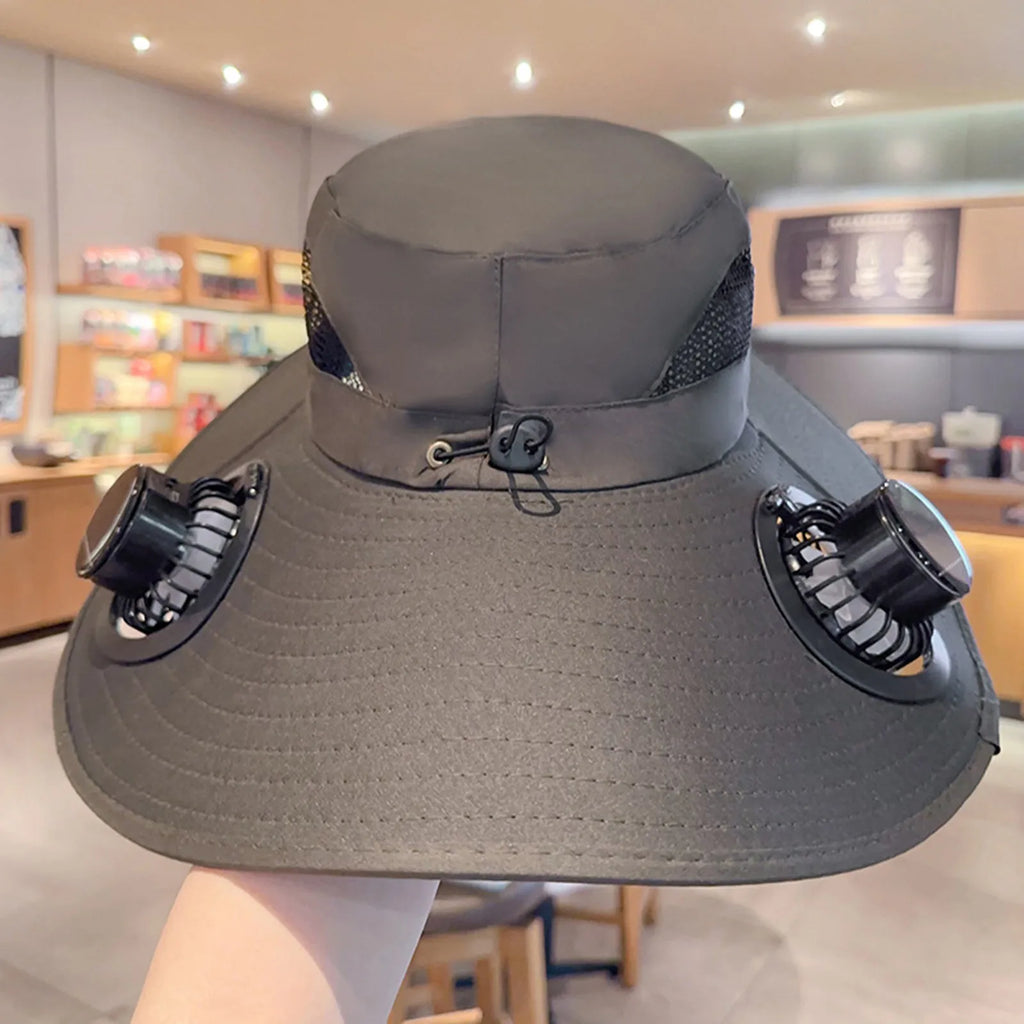 Multi-Function Solar Fan Sun Hat - Waterproof Fishing Hat with Built-In USB Charging & Wide Brim for UV/Heat Protection