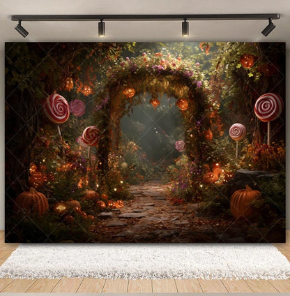 Halloween Lollipop Photography Backdrop Fantasy Forest Arch Pumpkin Lantern Festival Party Baby Portrait Photo Background Decor