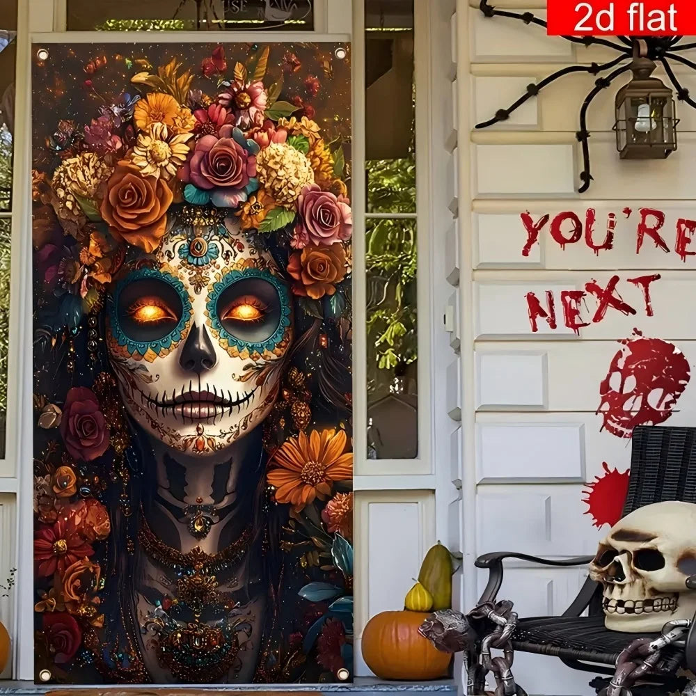 1PC Large Sugar Skull Front Door Decorative Curtain Day of the Dead Polyester Material Bright Durable for Home Decor