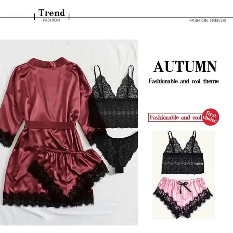 Romantic Bliss: Lace Satin 4-Piece Pajama Set