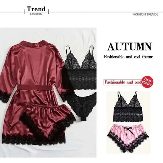 Romantic Bliss: Lace Satin 4-Piece Pajama Set
