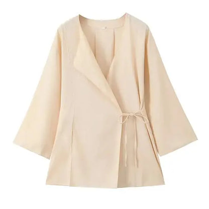 TRAFZA Women's Summer Fashion Linen Solid Color Shirt Set Belted