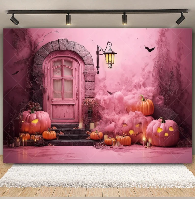 Halloween Retro Arch Family Portrait Photography Backdrop Pink Wall Pumpkin Bat Girls Kids Birthday Party Photo Background Decor