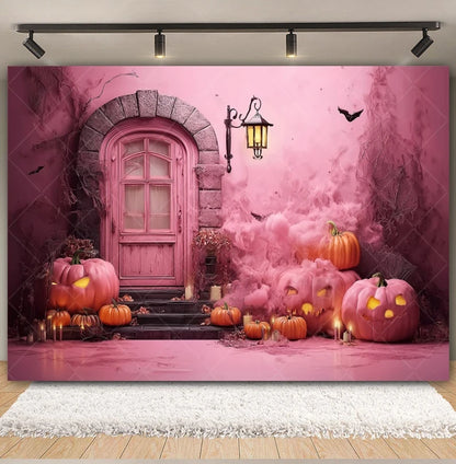 Halloween Retro Arch Family Portrait Photography Backdrop Pink Wall Pumpkin Bat Girls Kids Birthday Party Photo Background Decor