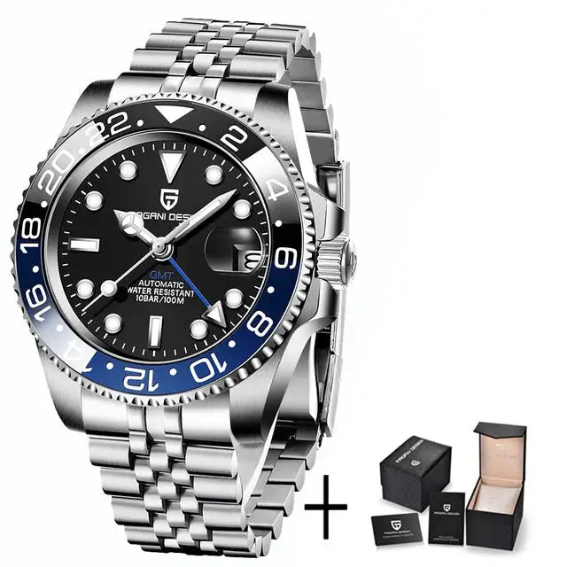 ELEGANCE® P1662 Men Watch Automatic Mechanical GMT Wristwatch Sapphire Glass Stainless Steel 100M Waterproof PAGANI DESIGN Men Watch Store