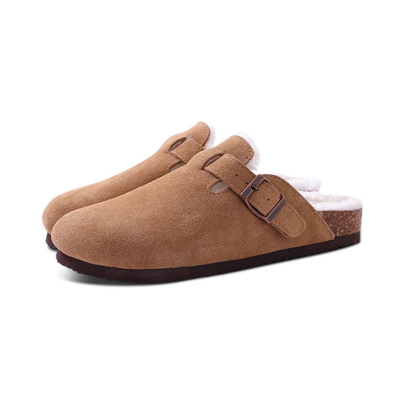 Shevalues Women's Fur Suede Clogs Slippers Classic Cork Footbed Fuzzy Mules Winter Plush Slippers Outdoor Warm Cork Flat Slipper