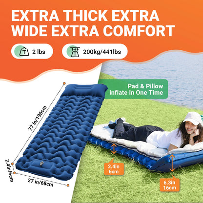KingCamp Self Inflating Sleeping Pad, Ultralight Inflatable Sleeping Mat With Pillow Built-in Foot Pump For Hiking, Traveling